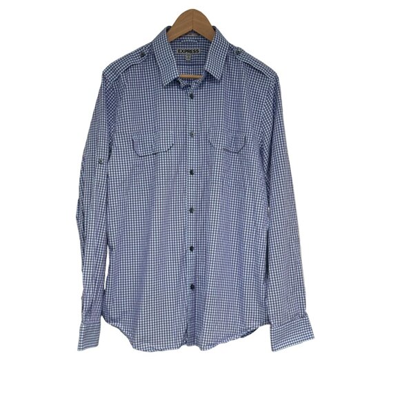 EXPRESS Men's Casual Button Down Shirt Large Fitted Blue Purple Plaid - Picture 4 of 7